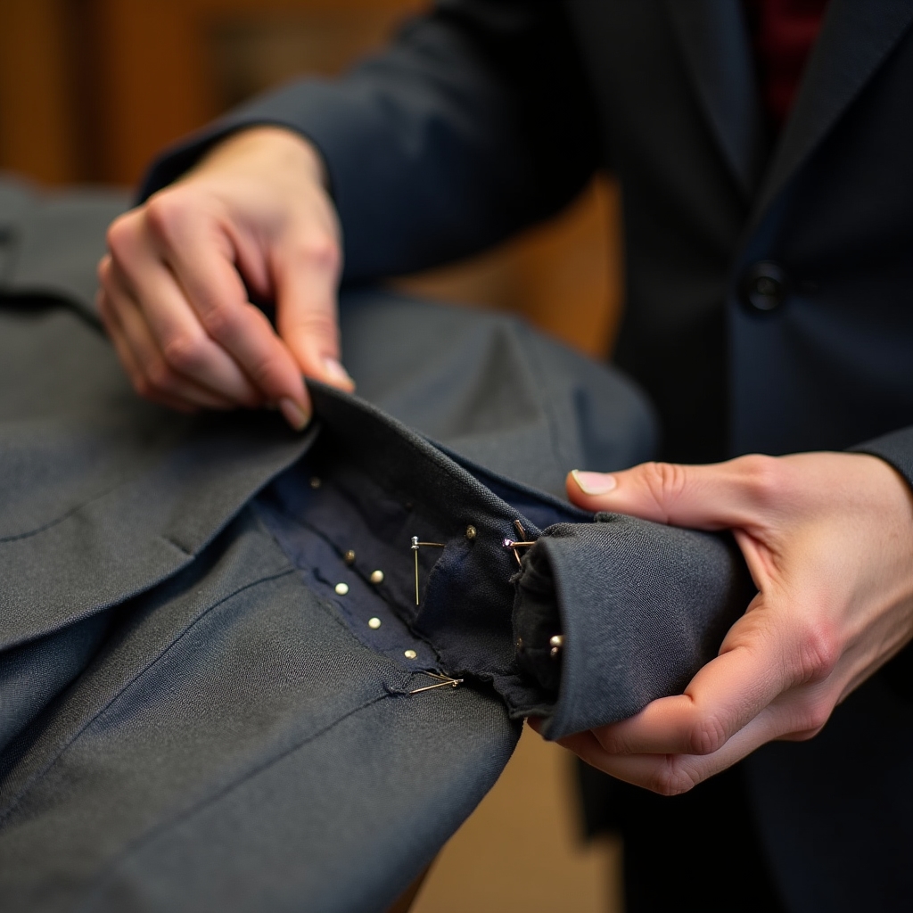 Lavorazione della manica di una giacca elegante nel laboratorio sartoriale