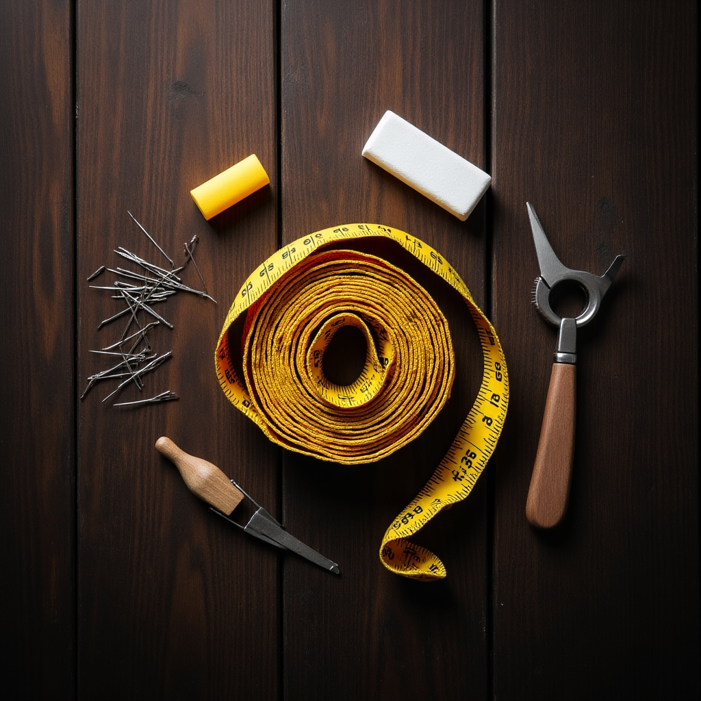 Strumenti sartoriali di misurazione: metro, gessetto e spilli su tavolo da lavoro